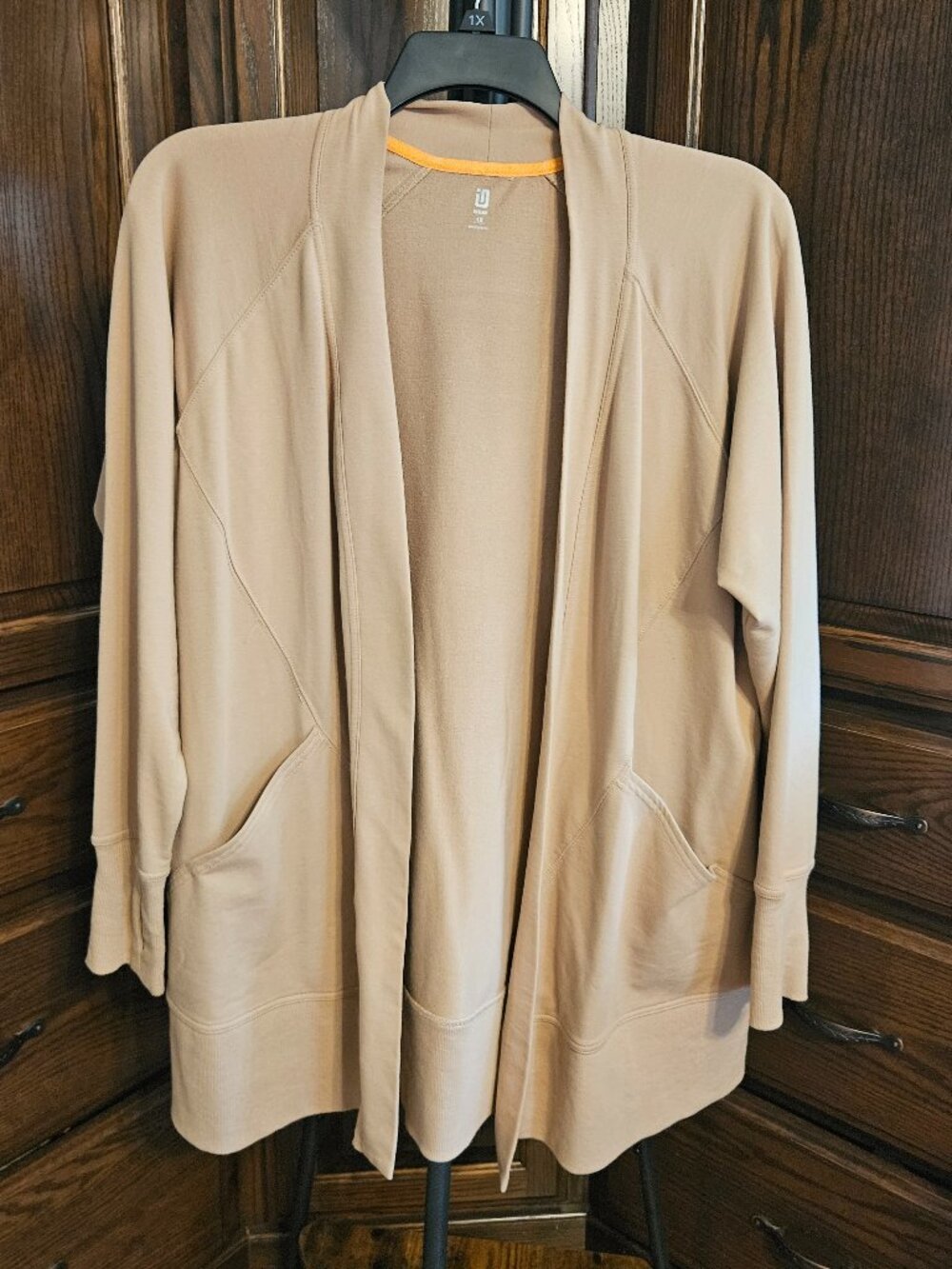 Ideology 1X Beige Open Front Long Cardigan with Pockets